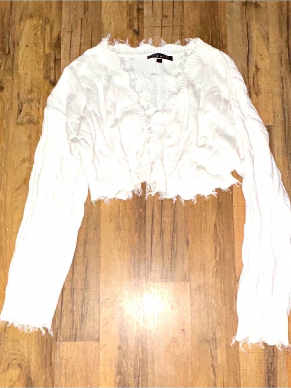 Blue Blush White Cropped Frayed Knit Cardigan